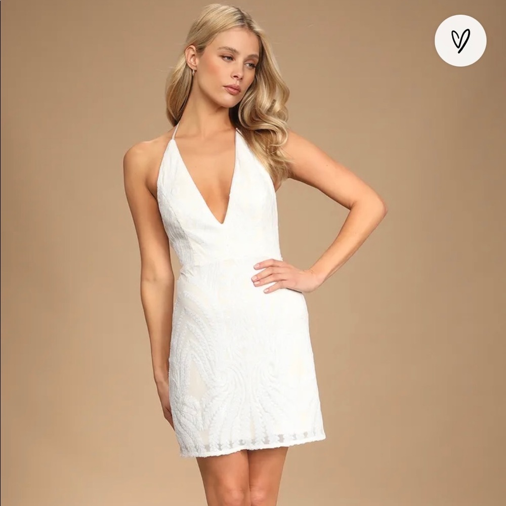 Put a Bling on It White Sequin V-Neck Dress